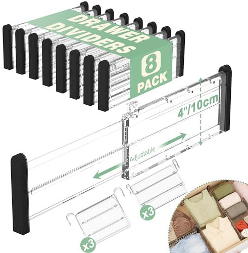 FUNIZE Verstellbare Schubladenteiler mit Einsätzen, 10cm Erweiterbare Schubladenorganizer für Kleidung, 5 Stück, 32-58cm Lange Teiler mit 9-18cm Einsätzen für Küche, Schlafzimmer,Büroaufbewahrung