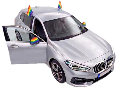 Auto Fahnen Regenbogen Set - 2 Autofahnen 30 x 45 cm & 2 Außenspiegelfahnen Überzieher, Fußball Fanartikel FZG für EM & WM, Regenbogen Flagge Fahrzeug Deko