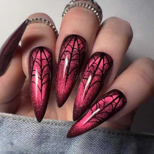 MouyouGlow Press on Nails Long,Stiletto Halloween Dunkel Rot Spinnennetz Magnetic Gothic Horror Creepy Fake Nails mit Nagelkleber,Dark Red Cat Eye Scary Künstliche Fingernägel