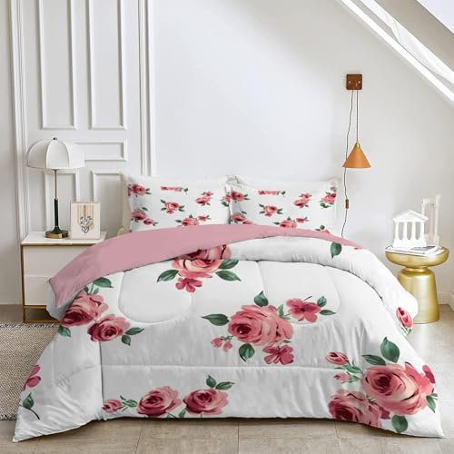 Qiwagu Couette 4 Saisons 240x260 cm Blanc, Couette Imprimée Fleurs Roses pour lit 2 Personnes, Couette Réversible sans Housse, Lavable en Machine, Couette Légère 200GSM avec 2 Taies d'oreiller