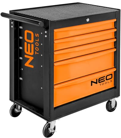 NEO TOOLS Werkstattwagen 5 Fächer - Schubladen mit Kugellager - Zentral Abschließbar - Anti-Rutsch-Matte - Schwenkräder - mit Feststellbremse - Mobiler Werkzeug-Wagen - Werkzeugschrank