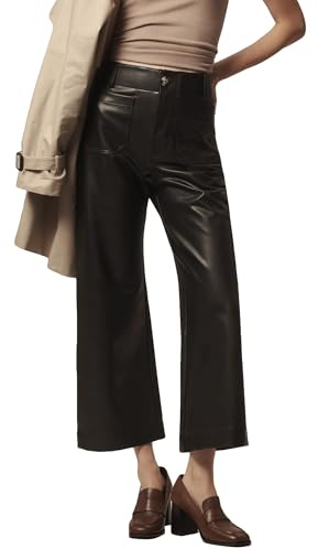 YEXPINE Women's Faux Leather Pants High Waisted Wide Straight Leg Pants PU Trousers with Pockets, Black, M