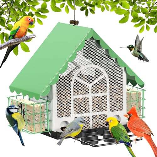 DoubleCare Vogelfutterspender für den Außenbereich, große Kapazität, Vogelfutterstation mit doppeltem Talgkäfigkuchen, Metall hängende Vogelhäuser mit Wasserbecher für Hof, Garten, Grün