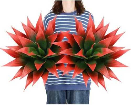 Giegxin 2 Pack 28 Inch Artificial Agave Plants Red Fake Agave Plant Large UV Resistant Fake Agave Planters Succulent Plant for Indoor Outdoor Natural Home Office Housewarming Decor