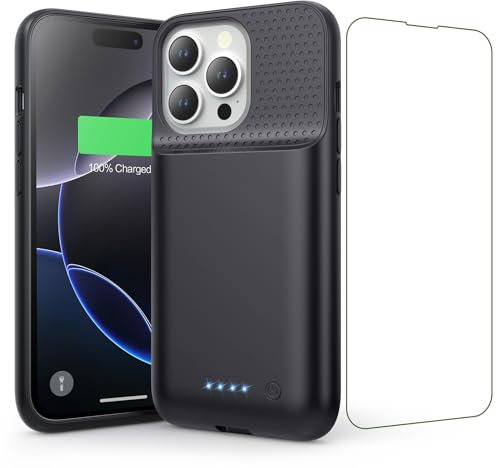 Feob Akku Hülle für iPhone 16 Pro, 7500 mAh Wiederaufladbar Batterie Ladehülle Akku mit Schutzfolie, Tragbares Batterieladegerät Hülle Leistungsstarke Power Bank für iPhone 16 Pro (6,3) (A-Schwarz)