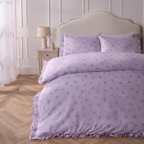 OHS Microfibre Double Duvet Cover Frill, Hotel Quality Floral Double Bedding Quilt Covers Bed with Pillowcases Quilt Luxury Super Soft Comfy - Lilac