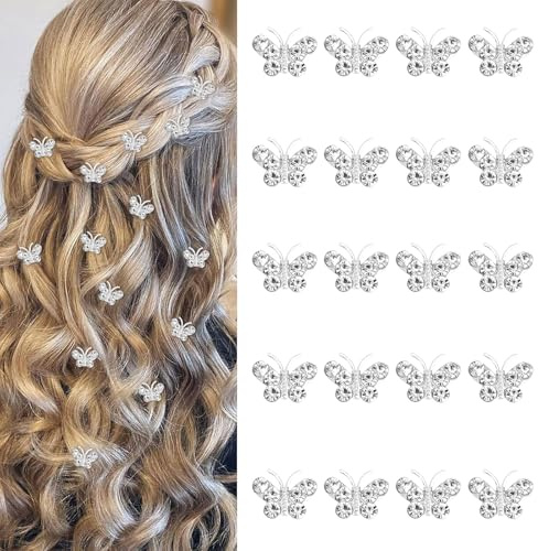 BelleVive 20 Stück Mini-Haarspangen mit Strass und Schmetterlingen, schöne silberfarbene Haarspangen, kleine dekorative Haarklammern, Hochzeitsklammern, Brautschmuck für