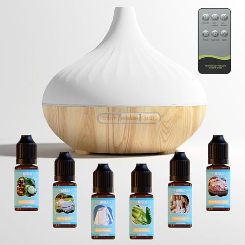 MISIJI Aroma Diffuser für Duftöle 500ML,mit Fernbedienung und Sauber Ätherische Öle Set 6x10 ML,4 Timer-Einstellung