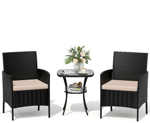 Amopatio Rattan Gartenmöbel Set, Balkonmöbel Set Kleiner 3 teilig, Outdoor Gartenlounge Wetterfest, Bistrotisch mit 2 stühlen, Terrassenmöbel für Terrasse, Balkon, Schwarz