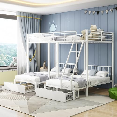 Litera convertible para 3 personas en cama doble y individual, con cajones, espacio de almacenamiento, barandilla y escalera, cama multifunción que ahorra espacio para familia y habitación de