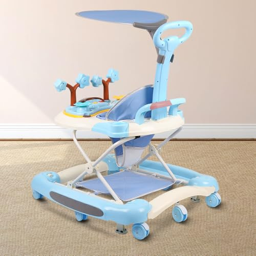 Lauflernhilfe 4 in 1, Drehspieß mit Tablett für musikalische Aktivitäten, für Babys, mit interaktivem Spielbrett, kippsichere Basis, von 6 bis 18 Monaten,67 * 75 * 85cm – Himmelblau (A)