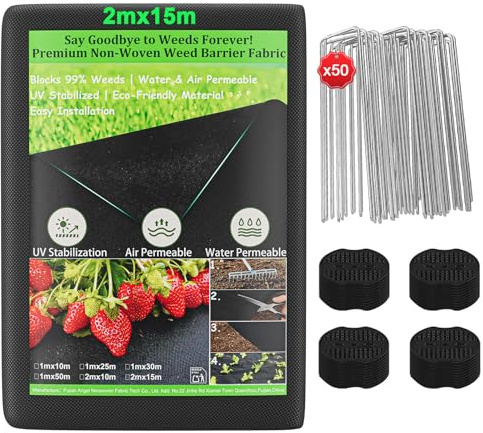 OUNUO Unkrautvlies Gartenvlies 100g/m² gegen Unkraut, 2mx15m Unkrautgewebe Extra Stark mit 50 Erdanker, 20m² Unkrautfolie Wasserdurchlässig, Reißfestes Unkrautflies mit hohe UV-Stabilisierung