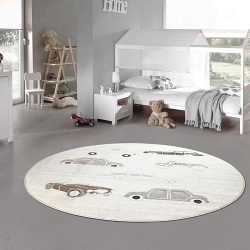 Teppich-Traum Kinderteppich Automotiv Creme Beige 120 cm Rund | Autos, Laster und Motorräder, weicher Flor, pflegeleicht, robust, langlebig, schadstofffrei, Kinderzimmer, 14 mm Florhöhe