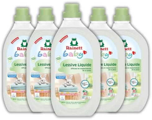 RAINETT Baby - Lessive Bébé - Efficace Contre Les Taches Tenaces - Extraits Naturels de Camomille - Hypoallergénique - Sans Colorants - Flacon Recyclé & Recyclable - Ecolabel - 110 Lavages - Pack de 5