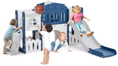 Toboggan Interieur Enfant, 8 en 1 Design,Renforcer Le Cadre de Sécurité, avec Panier de Basket-Ball, Télescope et Tunnel, Toboggan Exterieur Enfant pour 2 à 8 an, Bleu