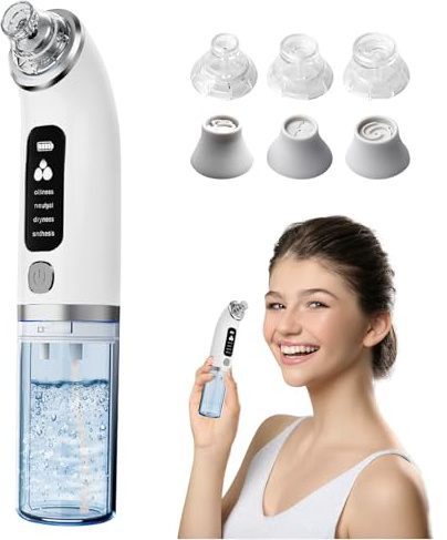 Extracteur de points noirs pour le visage avec 4 modes et 6 pointes d'aspiration, nettoyage en profondeur des pores, élimination des boutons et de l'acné, avec réservoir d'eau visible