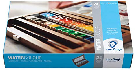 Van Gogh Set de peinture aquarelle, boîte en bois, 24 demi-plats + 3 accessoires
