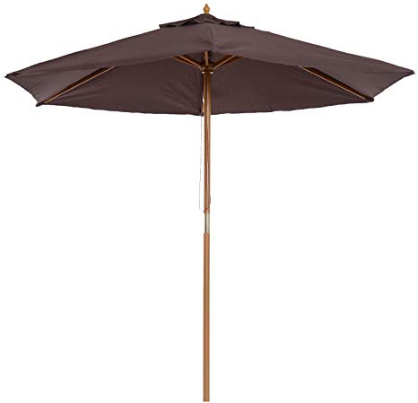 Outsunny Sombrilla de Jardín Ø250x230 cm Parasol de Terraza con 6 Varillas Poste Desmontable Anti-UV Impermeable y Marco de Madera para Playa Patio Café