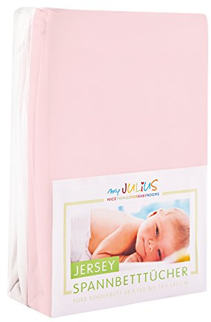 Julius Zöllner Jersey Spannbetttuch Doppelpack für das Kinderbett, Gr. 60x120 / 70x140, rosa & weiß
