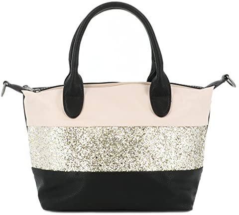 Sac à Main Femmes Paillette - Sac Bandoulière Porté Epaule Multicolore Rayures - Shopper Ville Fourre-tout 2 Anse Strass Brillant Soirée Mariage - PU Cuir Souple - Chic Tendance - Beige Noir Doré
