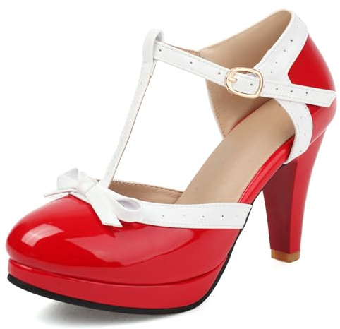 ForeMode Bow Mary Jane Shoes High Heels Closed Round Toe Pumps Leather Summer Sweet Shoe（Red,9.5）