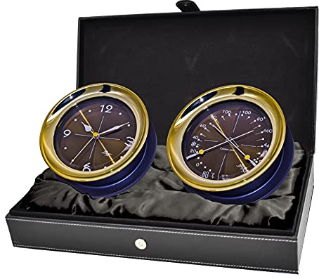 MASTER-MARINER Halo Collection Gift Set, 5.85” Diameter Clock and Barometer Instruments, Gold and Black Two Tone Finish, Midnight Gold dial