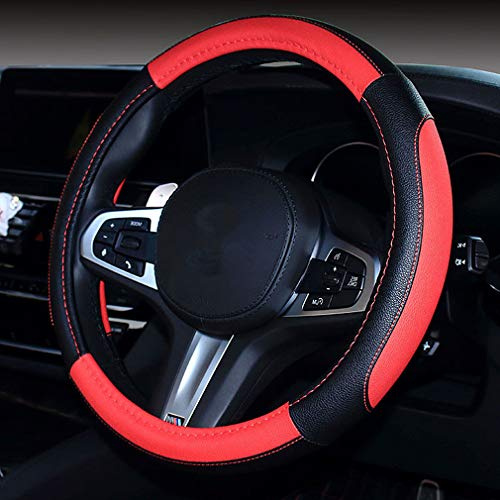 Pahajim Lenkradbezug Auto Lenkradhülle Universal Lenkrad Bezug PU Leder, Anti Rutsch Lenkradschutz 37-38cm für Männer und Frauen (Schwarz Rot)
