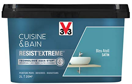 V33 Peinture multi-supports monocouche Cuisine et Bain Resist'Extrême Satin, Bleu Atoll, 2 L