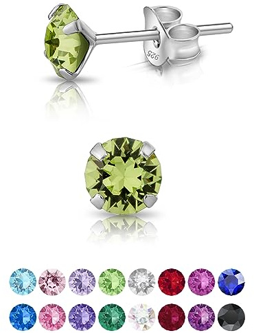 Pendientes de Botón Plata Ley 925 on Cristales Brillantes Peridoto - Pendientes Pequeños Mujer Plata 925 - Punto de Luz Hipoalergénicos sin Niquel - Diámetro 5 mm