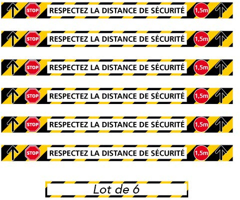 Signalétique.biz France - Signalisation de sol Respecter La Distance de Sécurité de 1,50 m - Lot de 6-700 x 50 mm (70 x 5 cm) - Adhésif - Jaune
