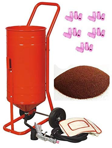 Sableuse Aérogommeuse mobile sur Roulettes 56,70L 90lb 41kg + 20 Buses + Sac 20kgs d'Abrasif Garnet Mesh 80A+