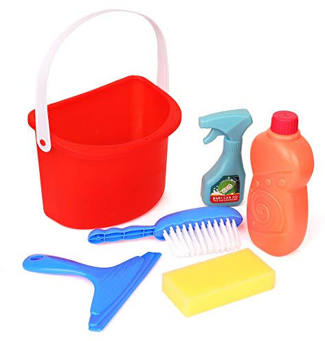 Playkidiz 6 Pezzi Deluxe Giocattolo, Include Spray, mocio, Spazzola, Scopa Bambini Gioco, Spugna, tergivetro-Play Helper Set di Pulizia Realistico, Multicolore