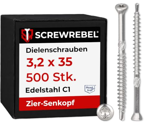 Dielenschrauben Edelstahl 3,2 x 35 mm, 500 Stück, TX10, kleiner Kopf, Teilgewinde, Bohrspitze, Reibteil