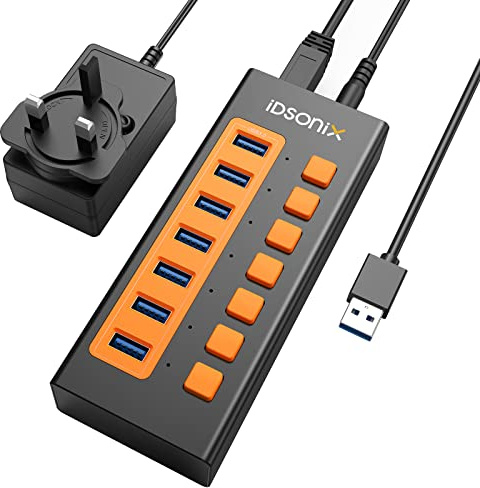 iDsonix USB 3.0 Hub, 7-Port 12V/2A Powered USB Hub BC1.2 Carga Rápida 5Gbps Velocidad con un Solo Interruptor Divisor USB de Aleación de Aluminio para Ordenadores Portátiles, PC y más