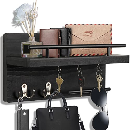 OurWarm Schlüsselhalter für die Wand, dekorativ, mit 5 Schlüsselhaken, Wandmontage, Schlüsselaufhänger für die Wand mit Post, Schlüsselhalter, hölzerner Post-Organizer mit Regal, rustikale