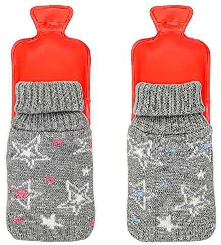 2er-Set Handwärmer mit Strick-Überzug | Design: Sterne mit Glitzerfäden | Latentwärmespeicher Taschenwärmer Taschenofen | ca. 7 x 12,5 cm