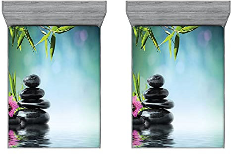 ABAKUHAUS Spa 2er-Satz Spannbetttuch, Hibiscus Bambus auf dem Wasser, Soft Dekorativer Stoff Bettwäsche Rund-um Elastischer Gummizug, 140 cm x 200 cm, Petrol Blue Lime Grün