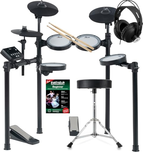 XDrum DD-460C E-Drum Kit Home Set - Kompaktes elektronisches Schlagzeug - 25 Kits und 15 Songs - Mesh Heads - Spar-Set inkl. Hocker, Kopfhörer, Sticks und Schule - Schwarz