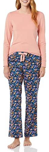 Amazon Essentials Pigiama con Maglia a Maniche Lunghe e Pantaloni in Flanella Leggera Donna, Rosa Salmone/Mimetico Floreale, XL
