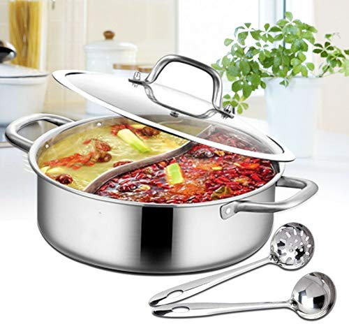 Rostfritt stål Dual Side Hot Cookware Soup Induction soppgryta Shabu Pot 32 cm med 2 kammare glaslock eldkruka