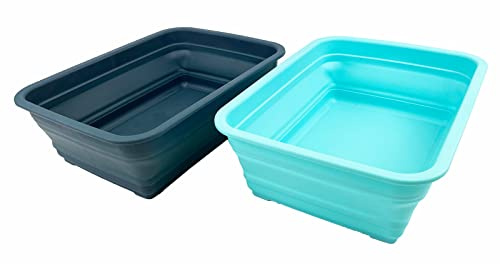 SAMMART 8L Set of 2 Collapsible Tub - Foldable Dish Tub - Portable Washing Basin - Space Saving Plastic Washtub (Turquoise Blue + Leaf Blue)