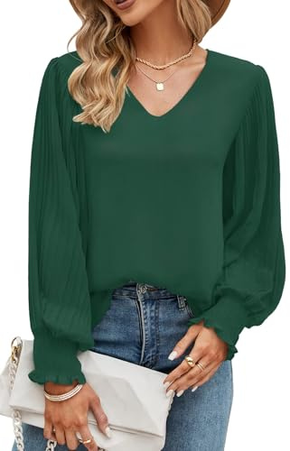 Odosalii Women's Long Sleeve Tops V Neck Jumper Loose Fitting Oversized Lantern Sleeve Shirt Casual Plain Patchwork Batwing Tunic Blouse Dark Green