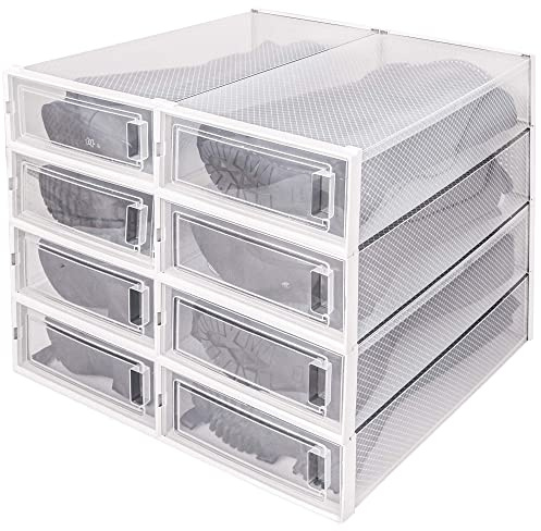 DHMAKER 8 Pack Boot Storage Box, Stackable Clear Plastic Boot Shoe Organizer for Tall Boots, Closet, Drop Front Boot Organizer, Large Shoe Container Boot Storage with Lid, 20.5 x 11.8 x 5.5