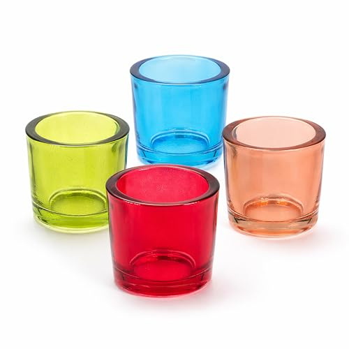 Teelichtgläser 6,5 x 6 cm aus dickwandigem Glas 4er Set - runde Teelichthalter für Teelichter bis 38 mm - Kerzengläser für kleine Kerzen & Votivkerzen bis Ø 4 cm - Windlichter Bunt