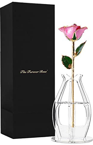 Forever Rose Bloom Box Bundle, auténtico, único, rosa rosa real florecida recortada a mano con oro en un hermoso jarrón fantasma y caja floreciente