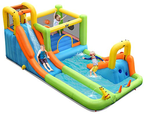 COSTWAY Parque Acuático, Casa Inflable con Doble Tobogán, Canasta de Baloncesto, Lanzador de Puntos, Juego de Lanzamiento de Anillos, Pared de Escalada, Incluye Anillos de Plástico (Sin Soplador)
