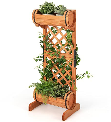 COSTWAY 2 Etagen Pflanzkasten mit Rankgitter, Blumenkasten aus Holz mit Spalier, Gartenspalier mit 2 Rankkästen für Kletterpflanzen, Hochbeet Tannenholz, für Garten Terrasse Balkon, 45,5x36x113cm