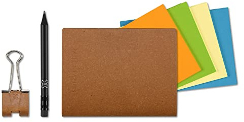 A7 X17-Mind-Papers, revolutionäres X17-Karteikarten-Lernkarten-Box-Konzept! Recyceltes Leder kork, nachhaltig und mobil; ca.25 Kartengelb, orange, blau, grün + Stiftklemme + Bleistift!