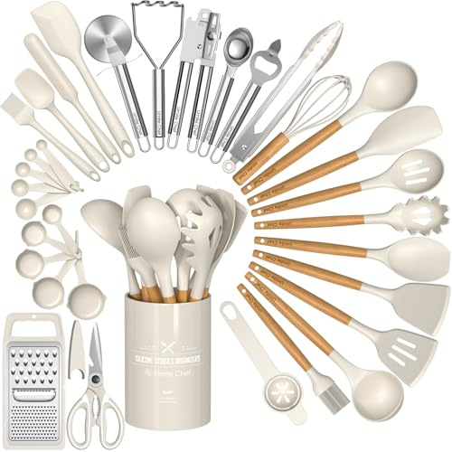 Thickened Silicone Cooking Utensils Set with Natural Wooden Handle- Umite Chef Khaki Kitchen Utensils Set, 34PCS Heat Resistant Kitchen Gadgets Tools Set, Kitchen Spatula Set for Nonstick Cookware