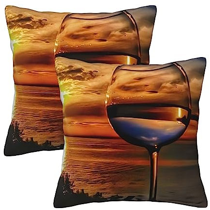 OPSREY Copricuscino quadrato stampato con calici di vino al tramonto, federa per cuscino per divano, camera da letto, auto
